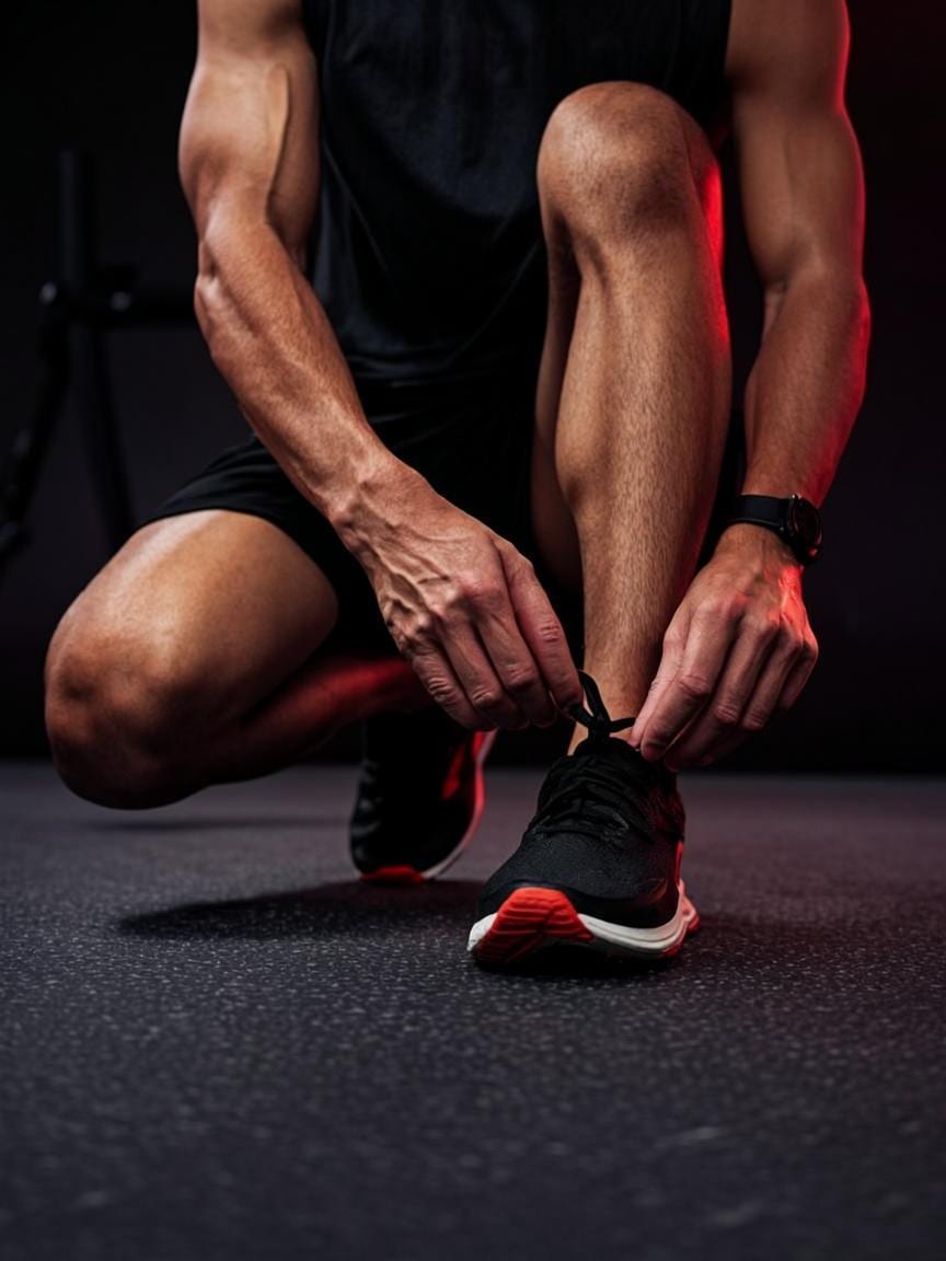Athlete tying the laces of premium black running shoes with red accents