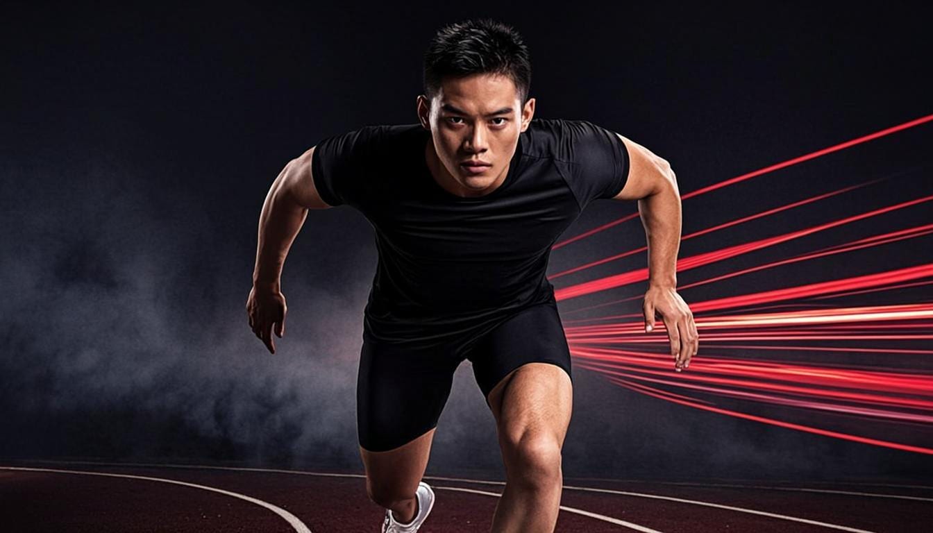 Athlete sprinting through a dark futuristic training tunnel with red light trails